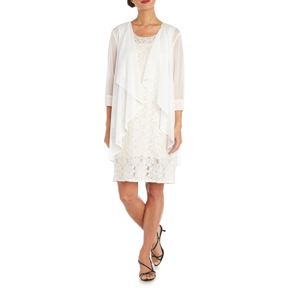Vestido e jaqueta R &amp; M Richards feminino com bainha de renda, branco, tamanho 10