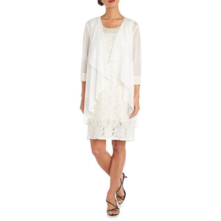 Vestido e jaqueta R &amp; M Richards feminino com bainha de renda, branco, tamanho 10