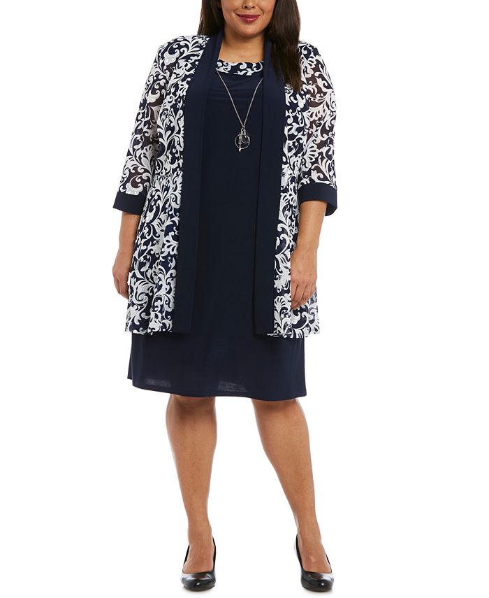 Vestido com colar e jaqueta estampada feminina R &amp; M Richards, azul, tamanho 22W