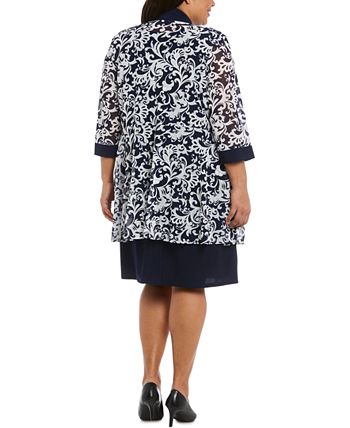 Vestido com colar e jaqueta estampada feminina R &amp; M Richards, azul, tamanho 22W