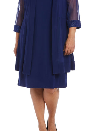 Vestido e jaqueta femininos R &amp; M Richards com detalhes em azul, tamanho 1X