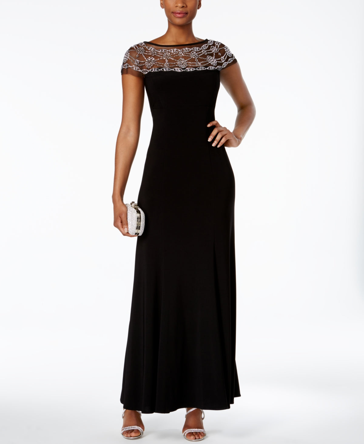 Vestido feminino R &amp; M Richards Illusion com detalhes em contas, corte A, preto, tamanho 8