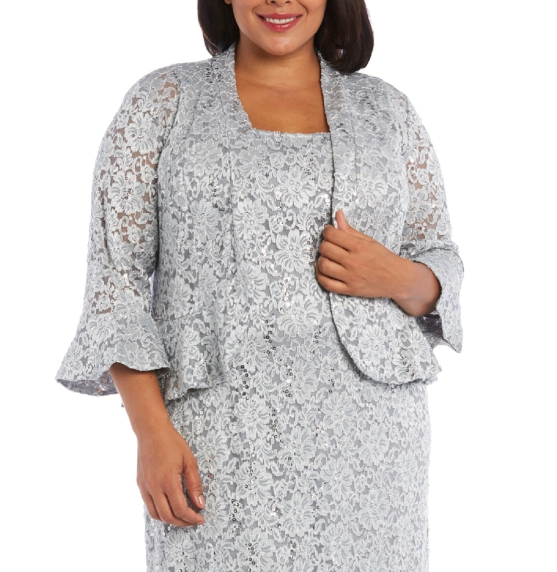 Vestido de renda e jaqueta com babados feminino R &amp; M Richards, cinza, tamanho 16W