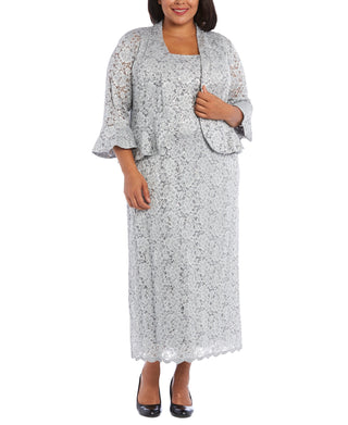 Vestido de renda e jaqueta com babados feminino R &amp; M Richards, cinza, tamanho 16W