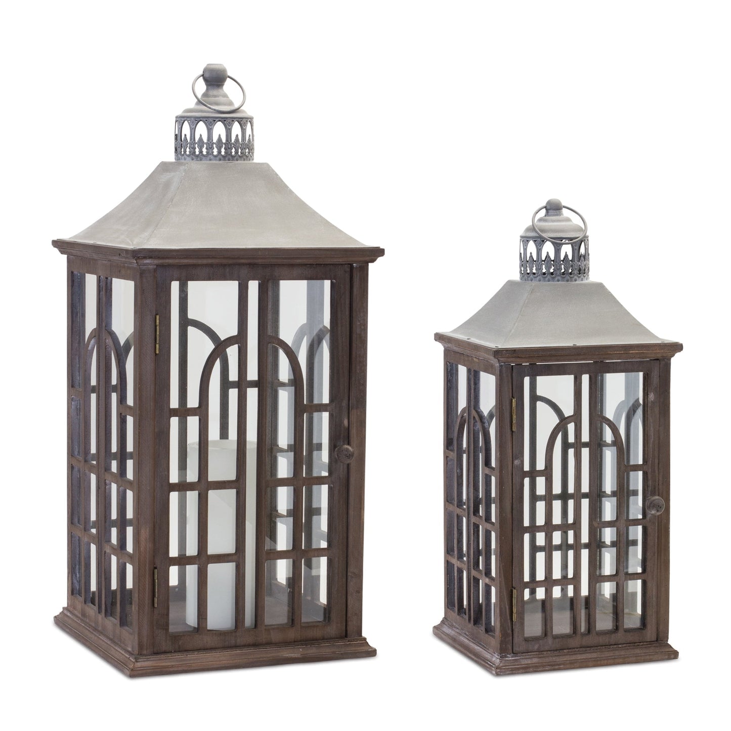 Wood lantern with metal lid (set of 2)