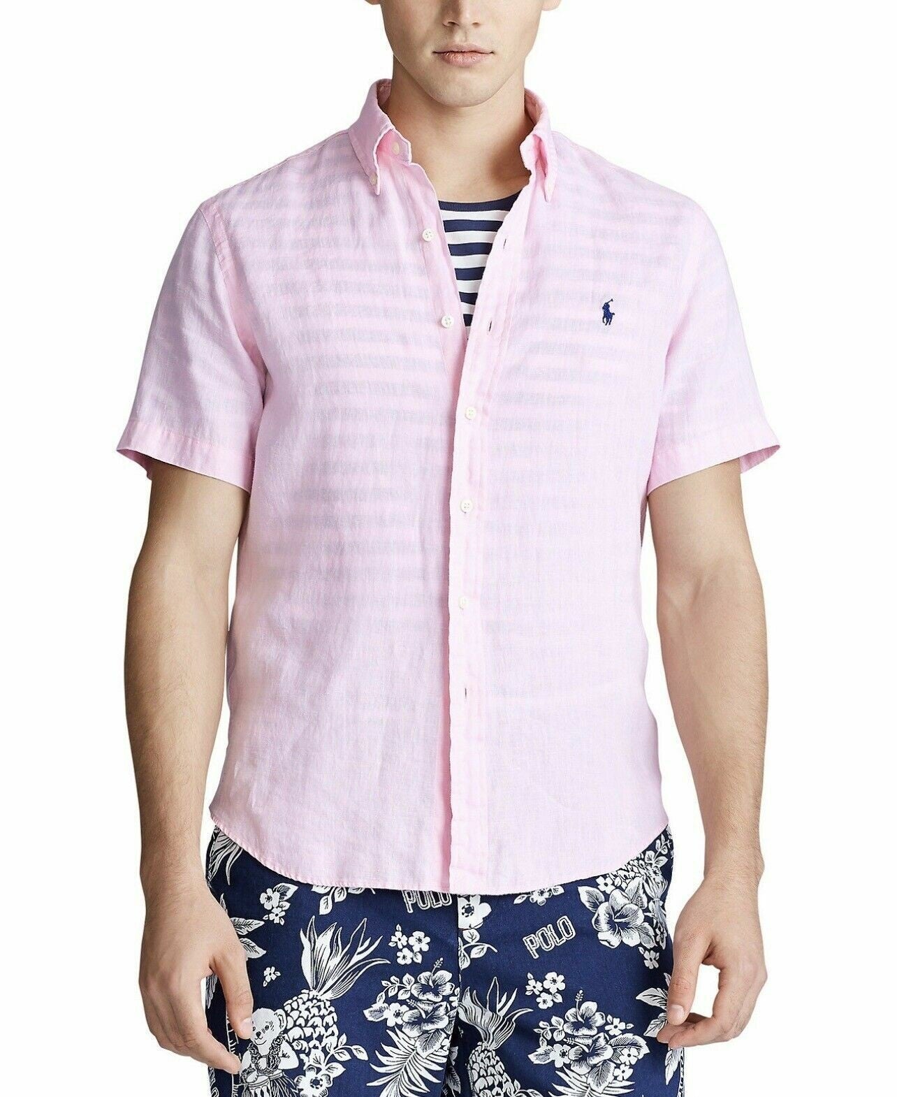 Camisa Polo Ralph Lauren Masculina Manga Curta de Linho Rosa Tamanho P