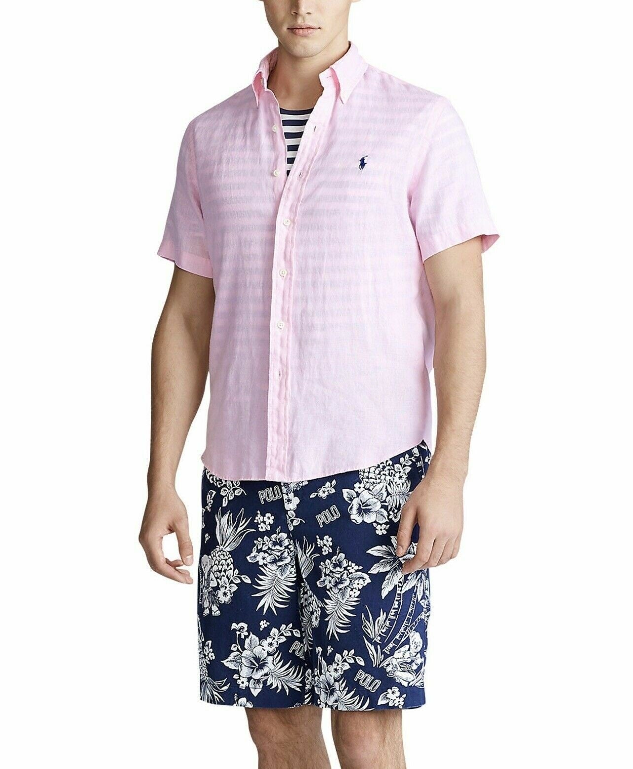 Camisa Polo Ralph Lauren Masculina Manga Curta de Linho Rosa Tamanho P