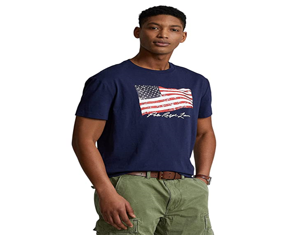 Camiseta Polo Ralph Lauren Masculina Classic Fit Bandeira Americana Azul Tamanho P