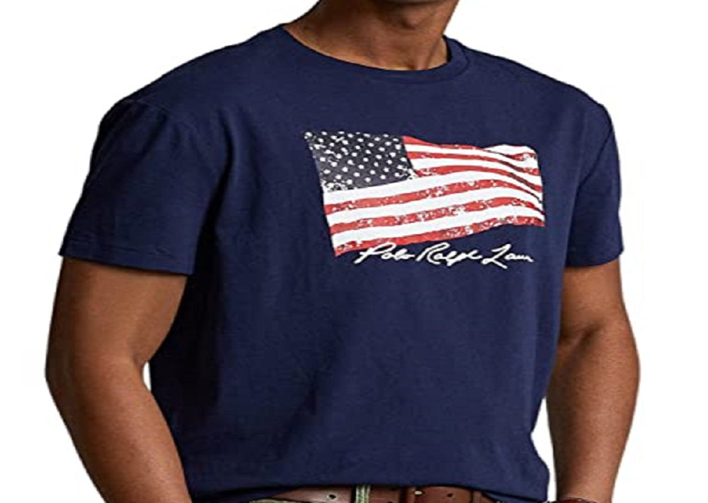 Camiseta Polo Ralph Lauren Masculina Classic Fit Bandeira Americana Azul Tamanho P