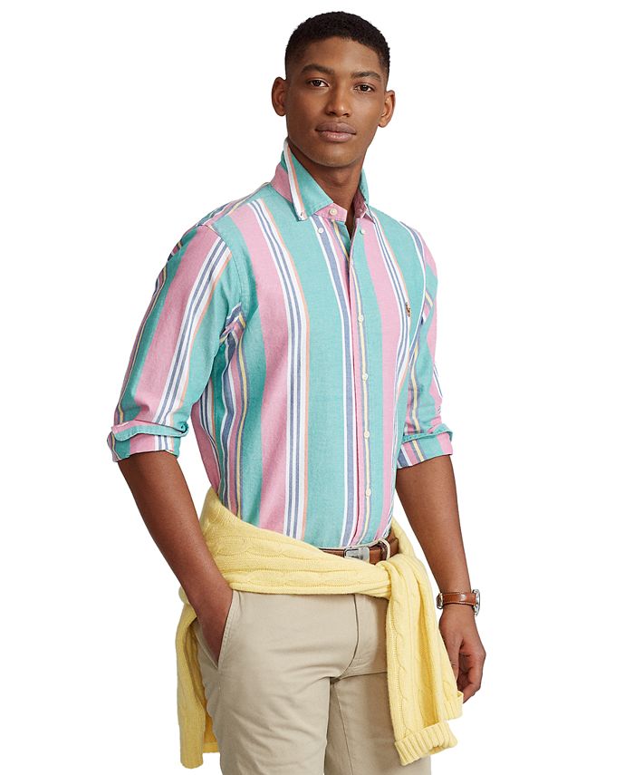 Camisa Oxford Listrada Masculina Polo Ralph Lauren Classic Fit Rosa Tamanho Grande