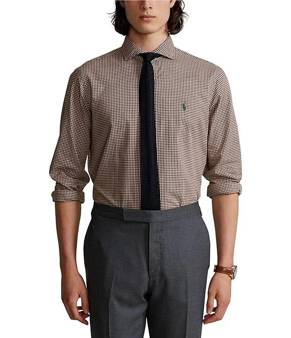 Camisa Ralph Lauren Masculina Classic Fit Xadrez Sarja Manga Longa Tecido Marrom Tamanho G