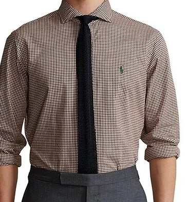 Camisa Ralph Lauren Masculina Classic Fit Xadrez Sarja Manga Longa Tecido Marrom Tamanho G