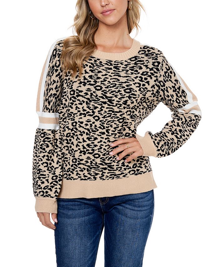 Suéter feminino Fever com mangas bufantes e listras em jacquard, marrom, tamanho pequeno