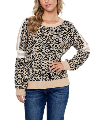 Fever Women's Jacquard Balloon Sleeve With Stripe Sweater Brown Size Small