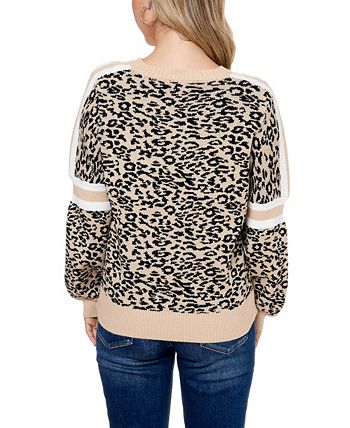 Suéter feminino Fever com mangas bufantes e listras em jacquard, marrom, tamanho pequeno