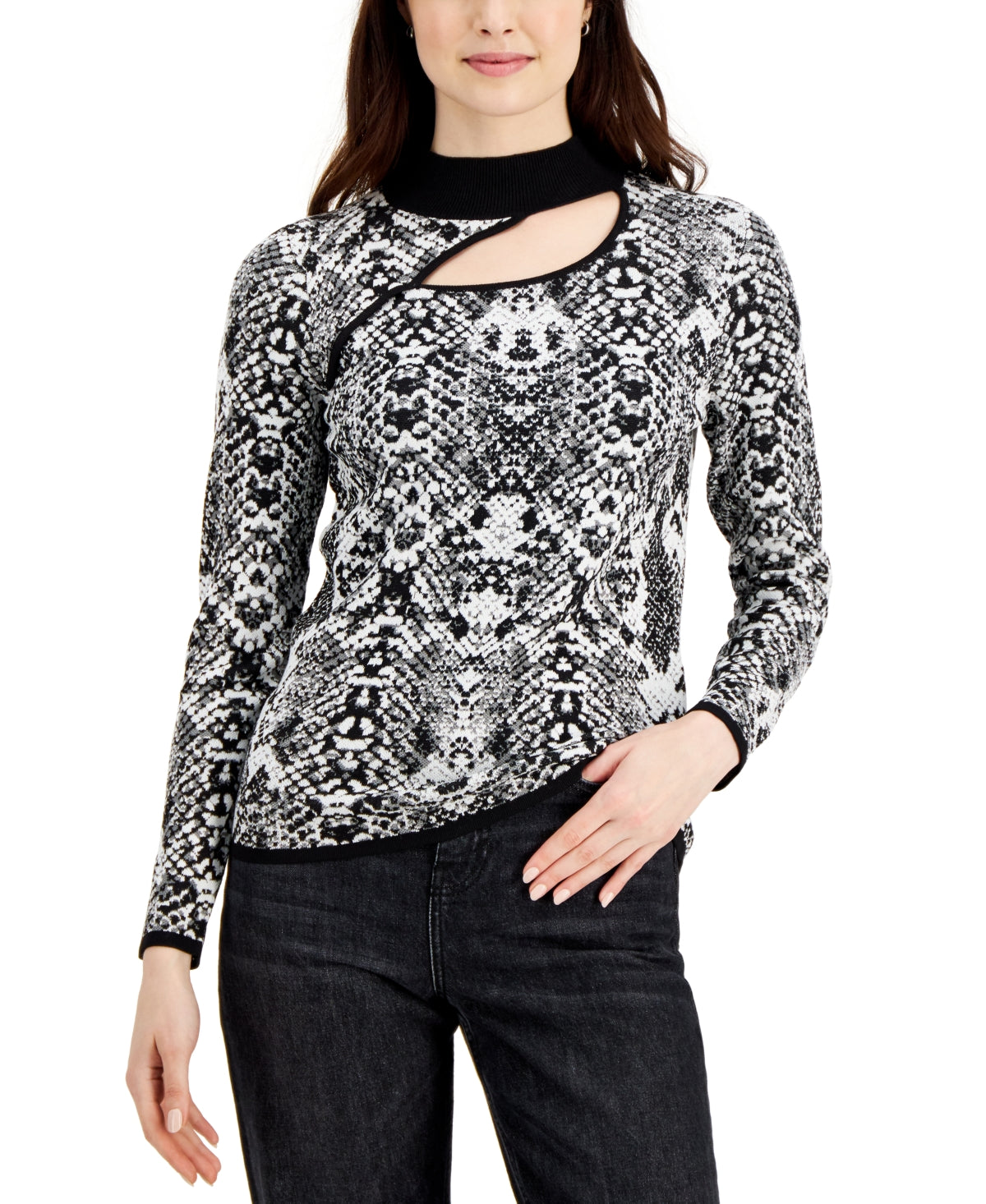 Suéter feminino Fever com recorte jacquard, preto, tamanho extragrande