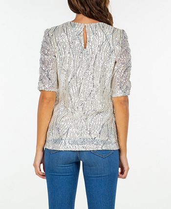 Top feminino Fever com babados e manga curta e lantejoulas, branco, tamanho grande