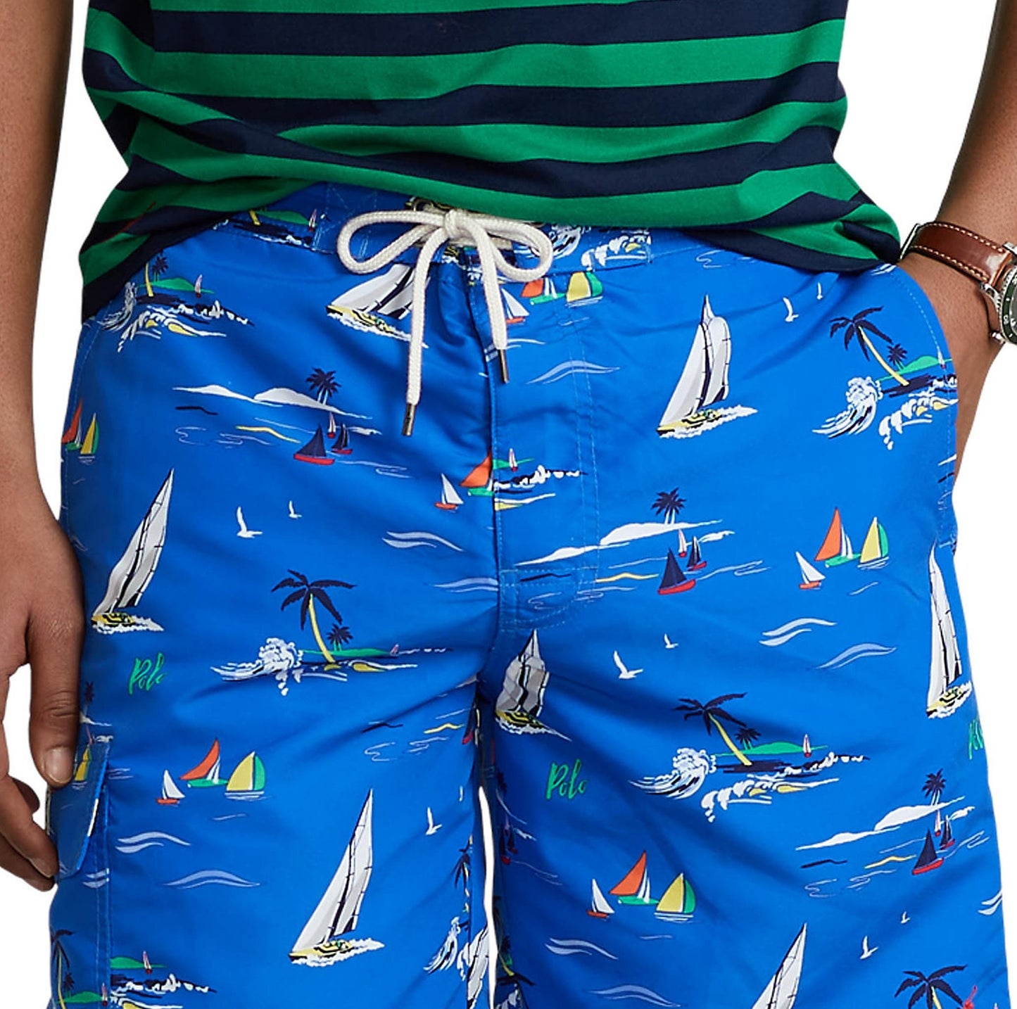 Calção de banho masculino Polo Ralph Lauren com estampa de poliéster reciclado, azul, tamanho médio