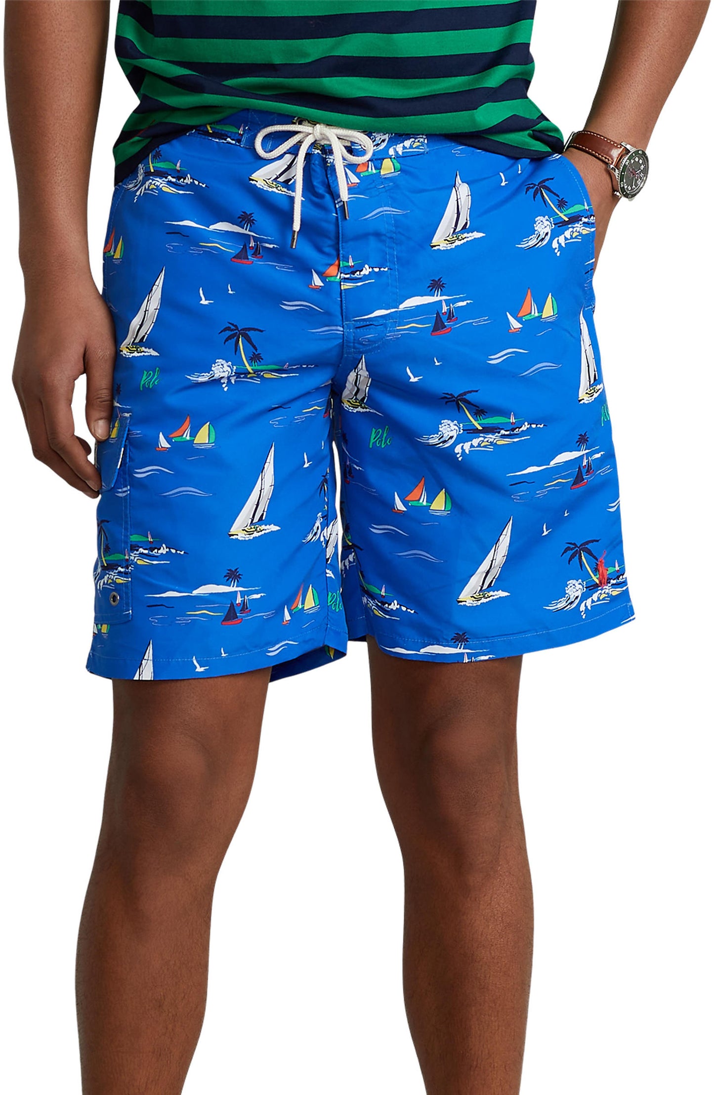 Calção de banho masculino Polo Ralph Lauren com estampa de poliéster reciclado, azul, tamanho médio