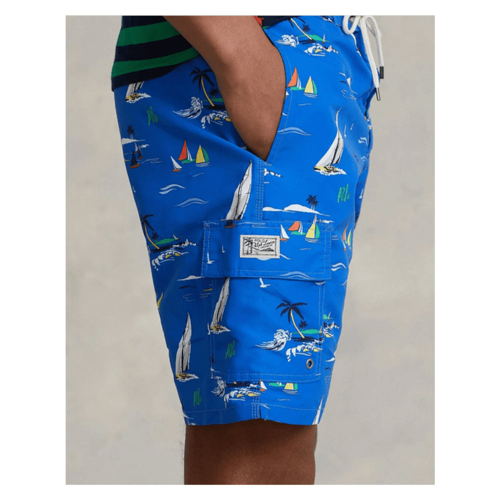 Calção de banho masculino Polo Ralph Lauren com estampa de poliéster reciclado, azul, tamanho extragrande