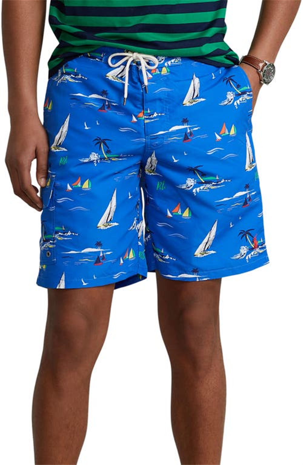Calção de banho masculino Polo Ralph Lauren com estampa de poliéster reciclado, azul, tamanho extragrande