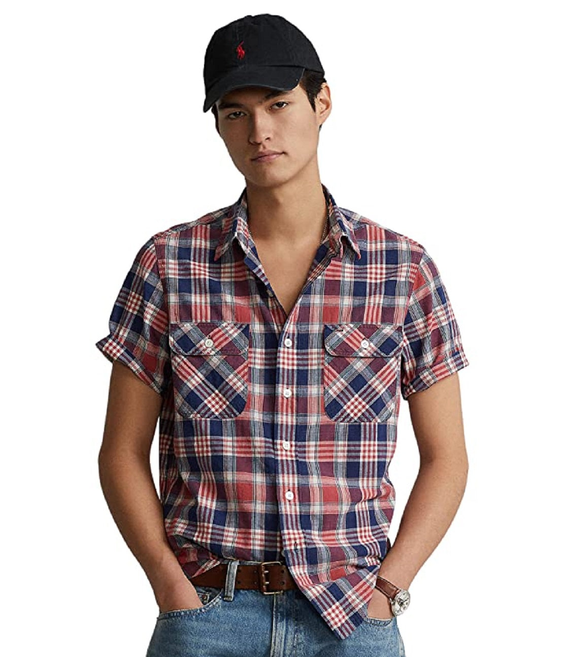 Camisa de trabalho masculina Polo Ralph Lauren Classic Fit Indigo Madras, tamanhos variados, XX-G