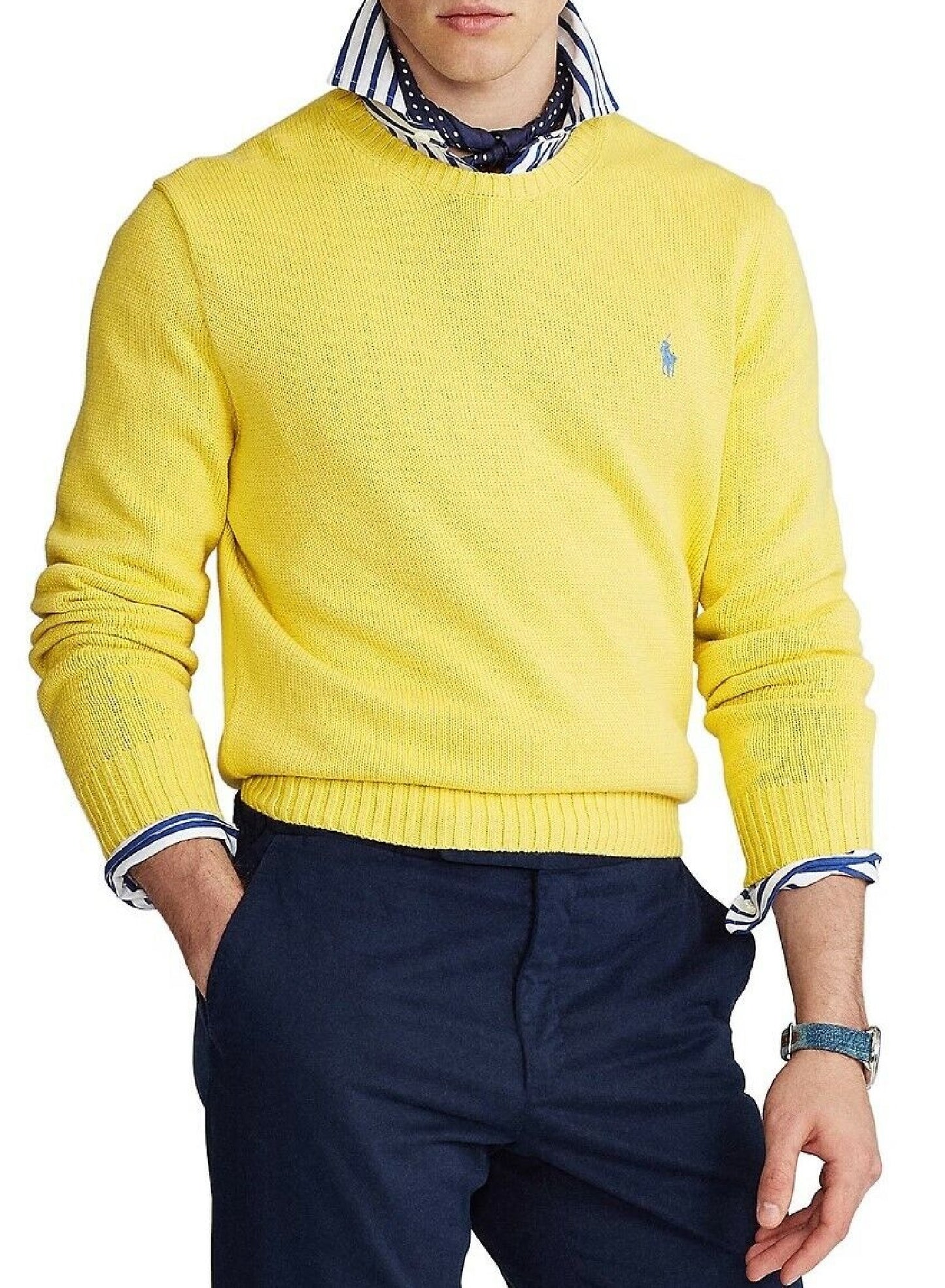Polo Ralph Lauren Suéter de gola redonda de algodão masculino amarelo tamanho XX-G