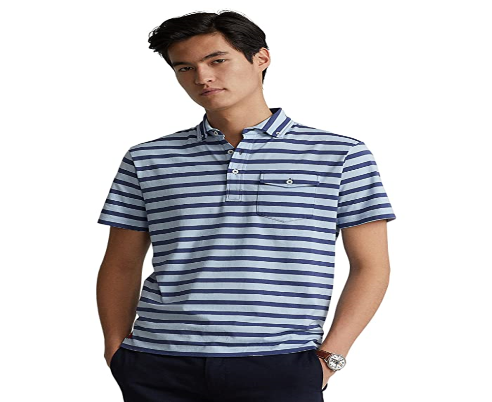 Polo Ralph Lauren Masculino Listrado Jersey Bolso Camisa Polo Azul Tamanho Médio