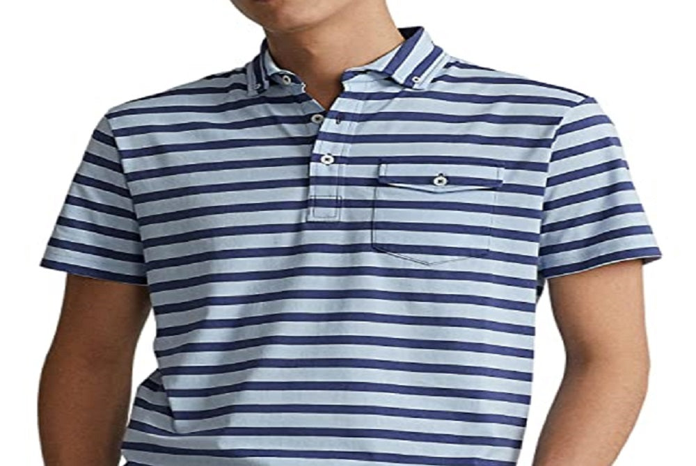 Polo Ralph Lauren Masculino Listrado Jersey Bolso Camisa Polo Azul Tamanho Médio
