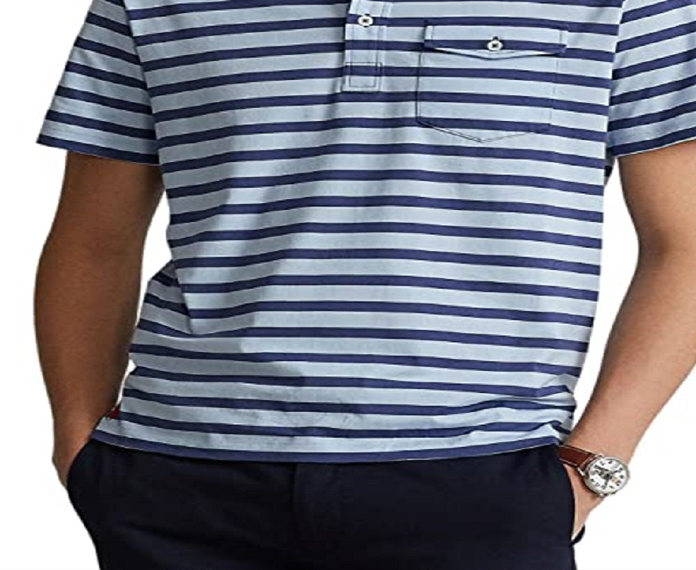 Polo Ralph Lauren Masculino Listrado Jersey Bolso Camisa Polo Azul Tamanho Médio