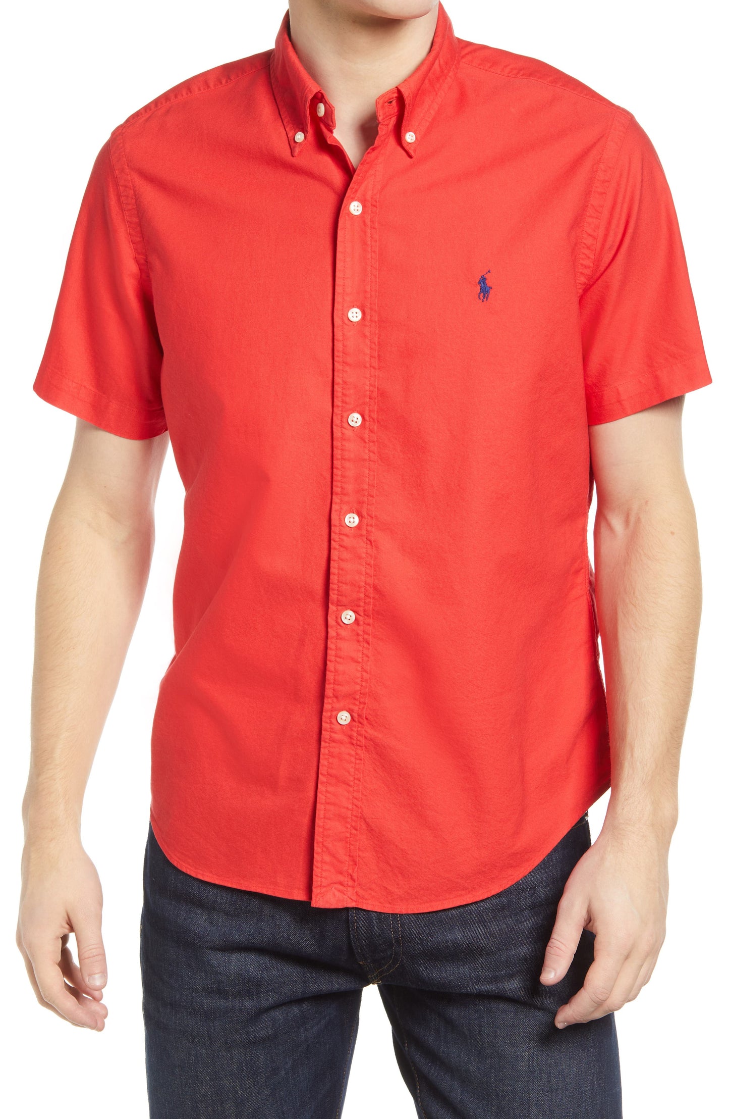 Camisa Polo Ralph Lauren Masculina Manga Curta Algodão Botão Vermelho Tamanho Médio