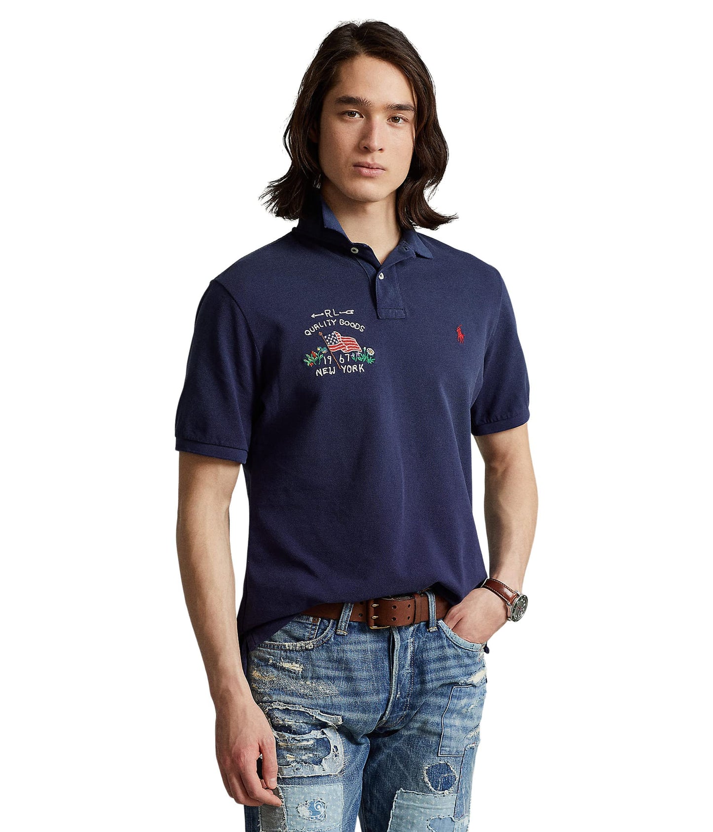 Camisa polo masculina Polo Ralph Lauren Classic Fit Flag Mesh Azul Tamanho X-G