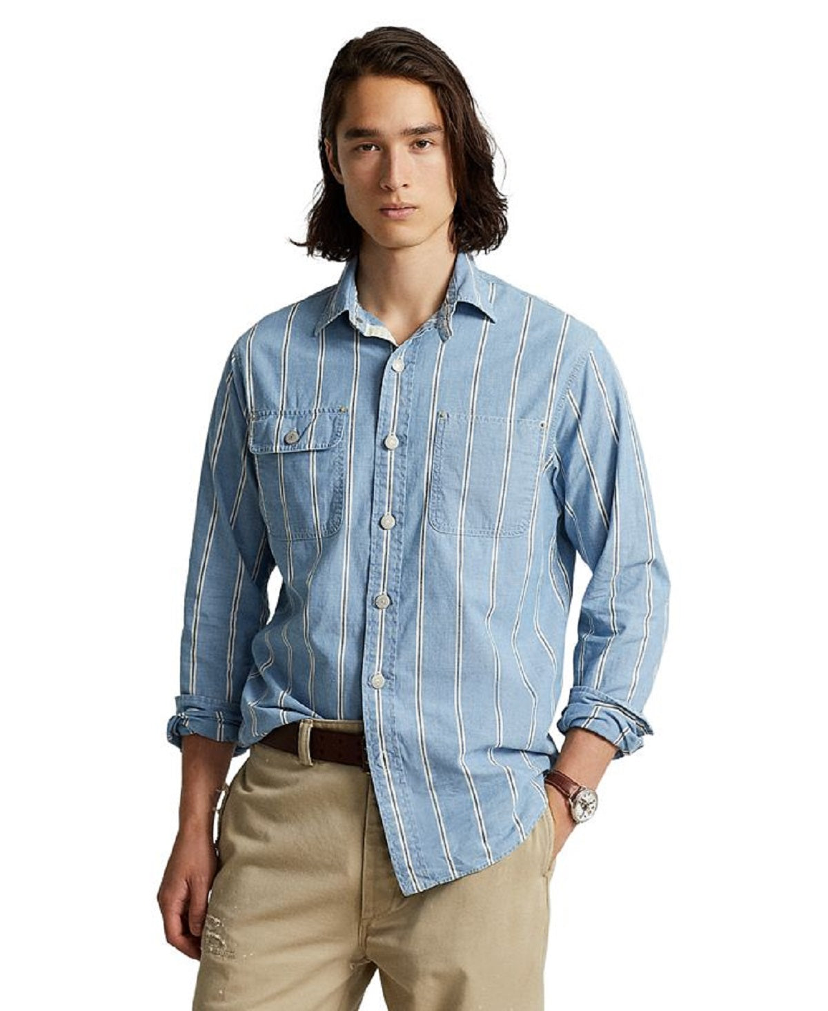 Camisa de trabalho masculina Polo Ralph Lauren Classic Fit de algodão, azul, tamanho grande