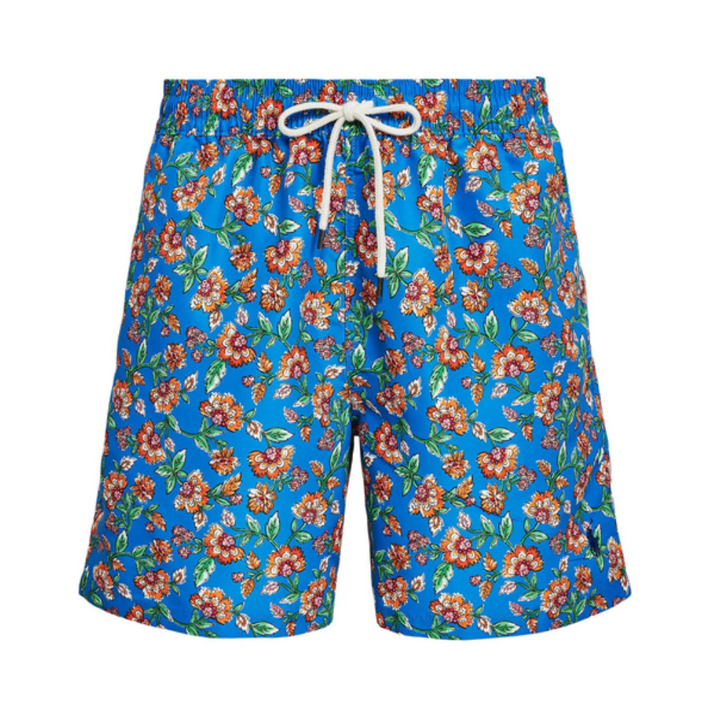 Calção de banho masculino Polo Ralph Lauren Traveler Floral em poliéster reciclado, azul, tamanho pequeno