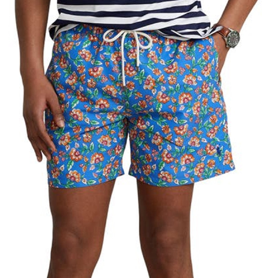 Calção de banho masculino Polo Ralph Lauren Traveler Floral em poliéster reciclado, azul, tamanho pequeno