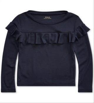 Blusa Polo Ralph Lauren Infantil em Algodão Modal com Babados Azul Tamanho 5