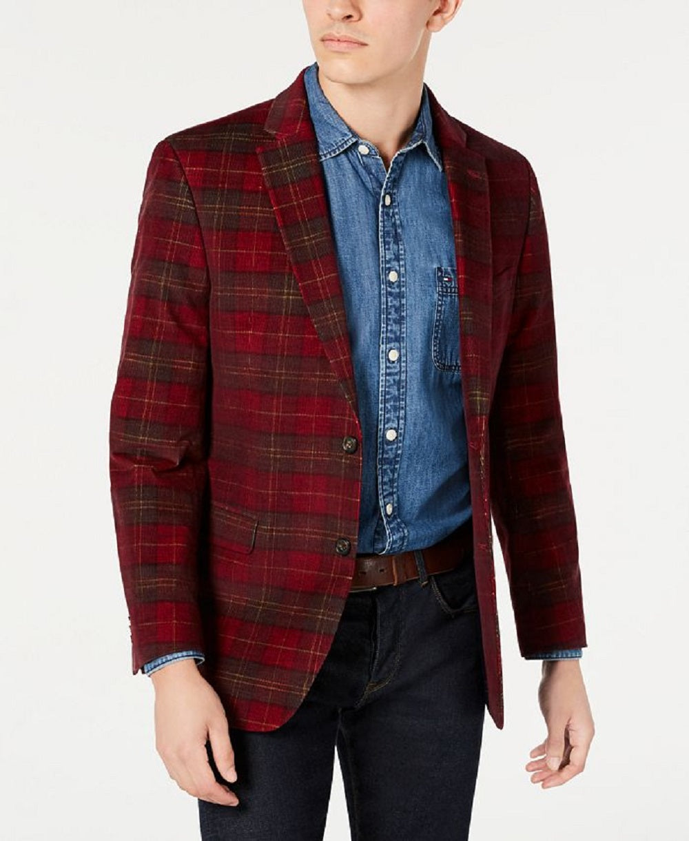 Tommy Hilfiger Masculino Modern Fit Thflex Stretch Xadrez Veludo Cotelê Esportivo Vermelho Tamanho 44