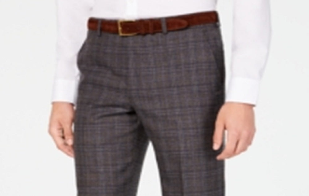 Calça de terno xadrez elástica para airsoft masculina Michael Kors Classic Regular Fit marrom tamanho 34x30