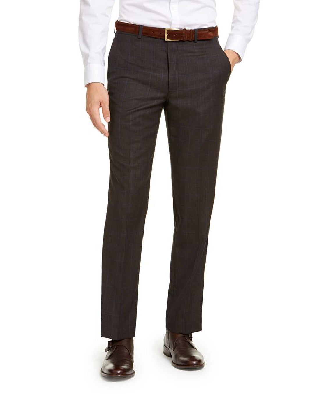 Calça de terno Michael Kors Classic Fit Airsoft Stretch Birdseye Windowpane Masculina Marrom Tamanho 40X29