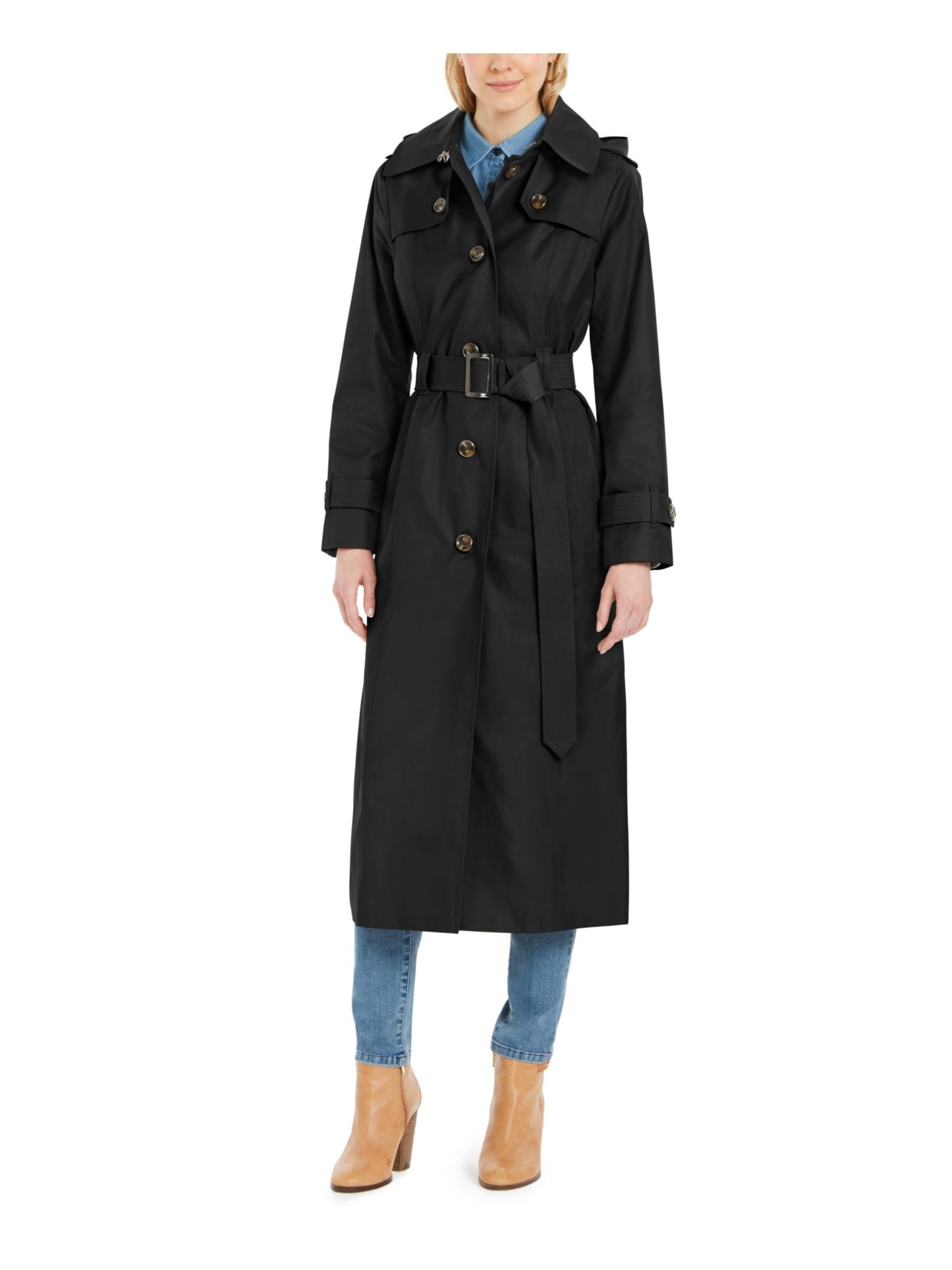 London Fog Trench Coat Feminino com Capuz e Repelente de Água Preto Tamanho GG