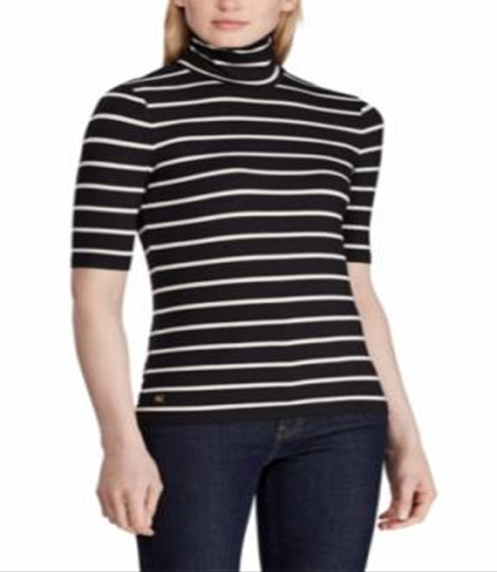 Blusa Ralph Lauren Feminina Listrada com Gola Alta Elástica Preta Tamanho Grande