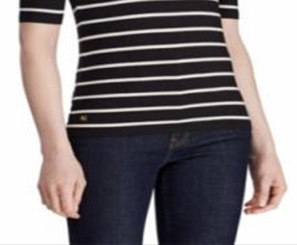 Blusa Ralph Lauren Feminina Listrada com Gola Alta Elástica Preta Tamanho Grande