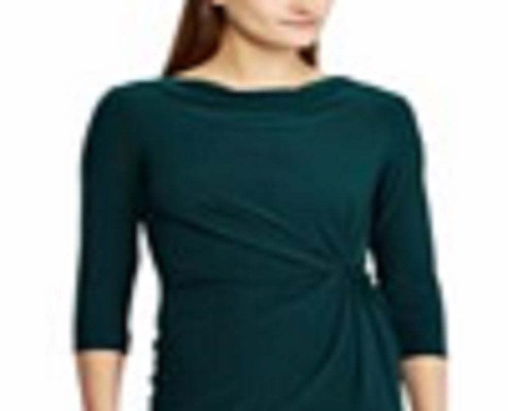 Vestido de coquetel Ralph Lauren feminino com frente torcida, manga 3/4, gola alta, acima do joelho, verde, tamanho 12 pequeno