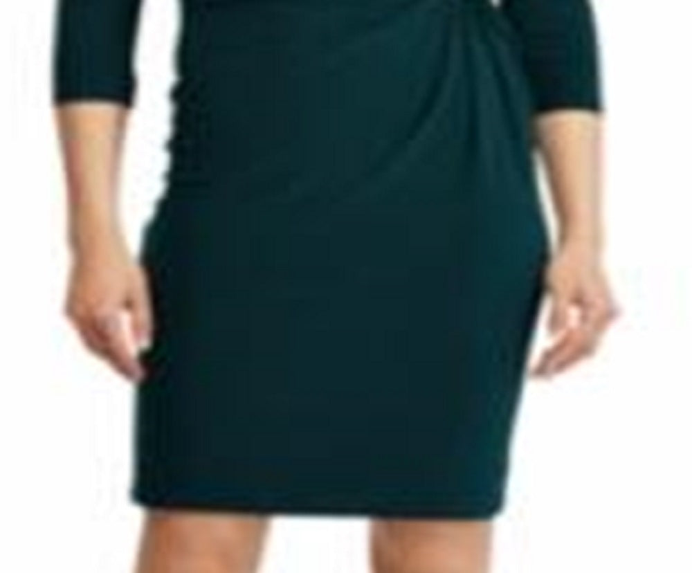 Vestido de coquetel Ralph Lauren feminino com frente torcida, manga 3/4, gola alta, acima do joelho, verde, tamanho 12 pequeno