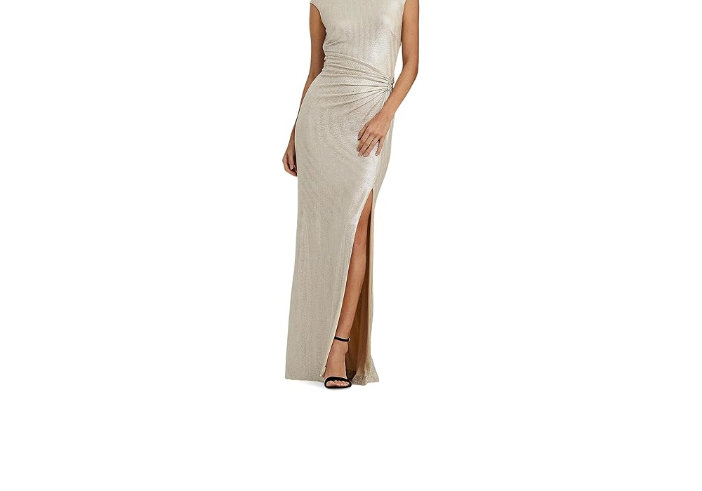 Vestido longo feminino metálico champanhe/prateado Lauren Ralph Lauren tamanho 2