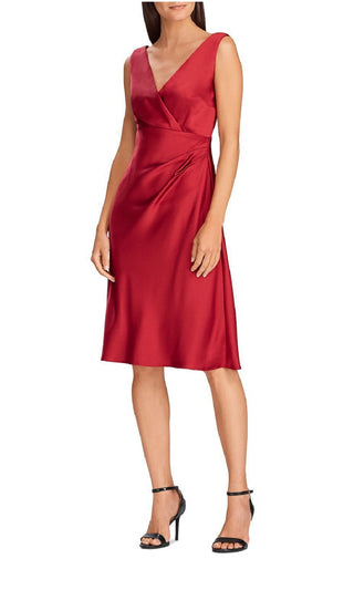 Vestido de festa feminino Ralph Lauren, sem mangas, decote em V, comprimento até o joelho, tamanho 14, vermelho