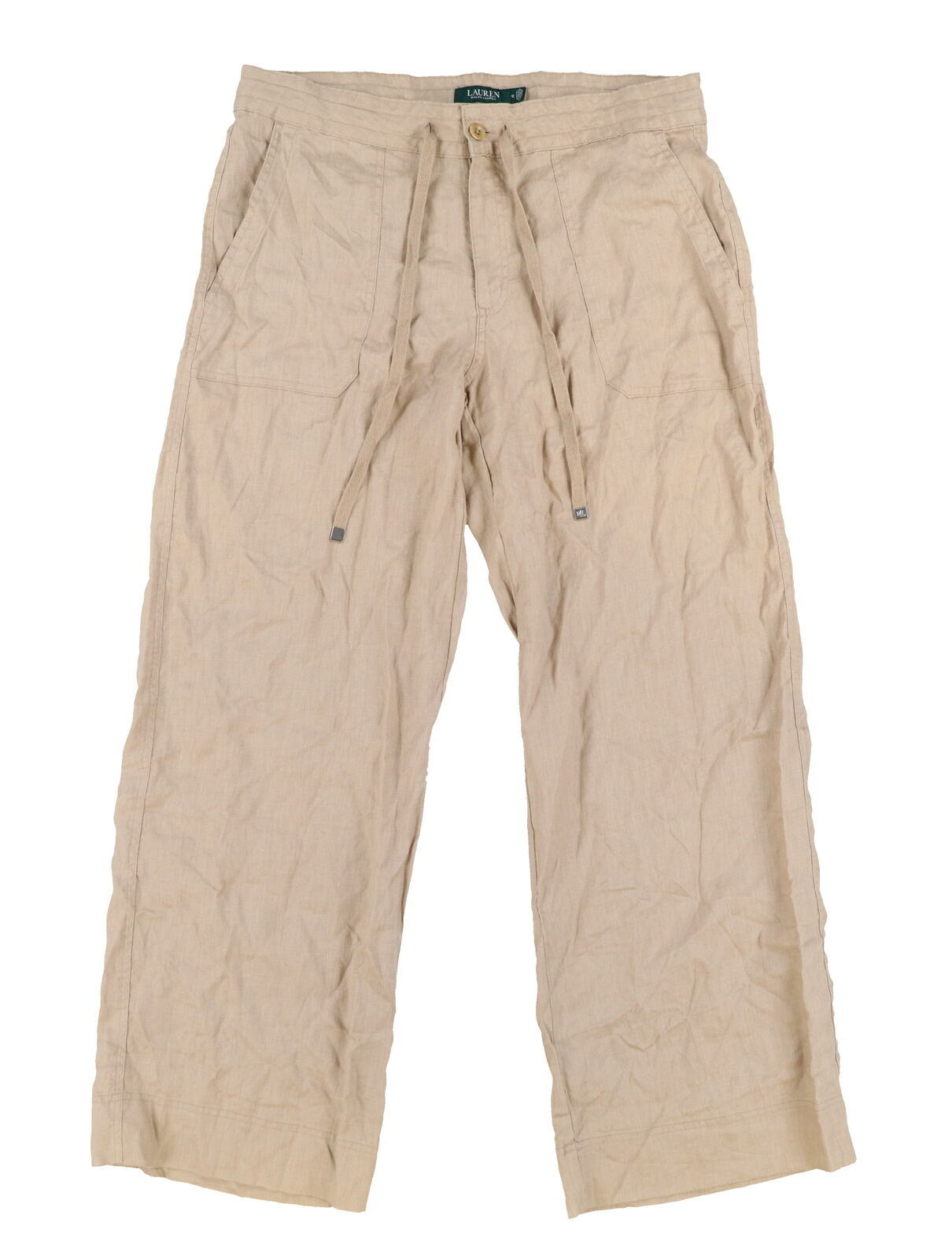 Calça feminina Ralph Lauren de linho com perna larga, marrom, tamanho 12