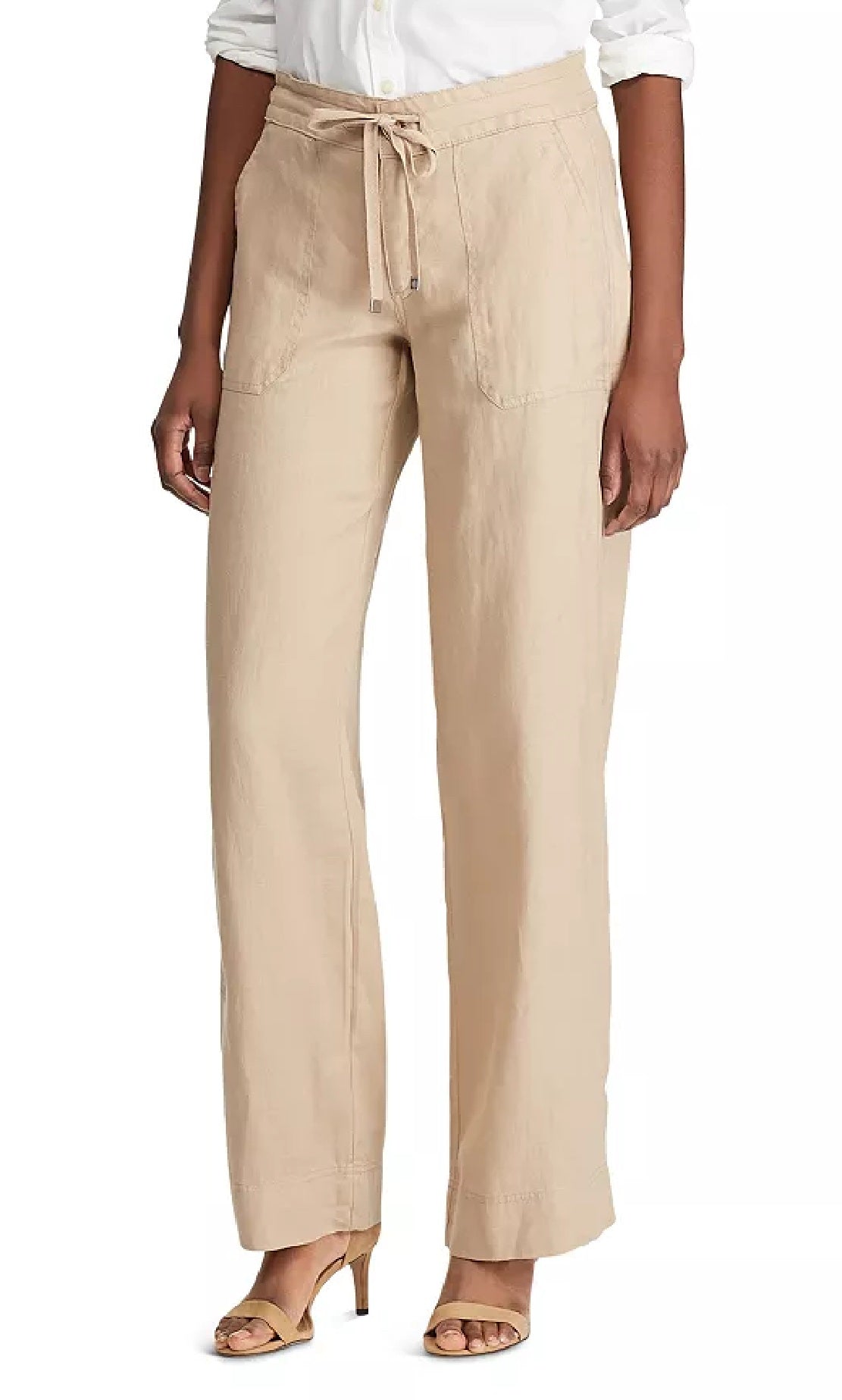Calça de linho Ralph Lauren feminina, perna larga, marrom, tamanho 18
