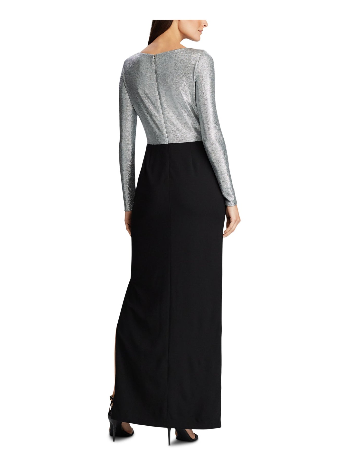 Vestido longo de festa longo com lantejoulas e decote assimétrico, manga comprida, preto, tamanho 10, da Ralph Lauren