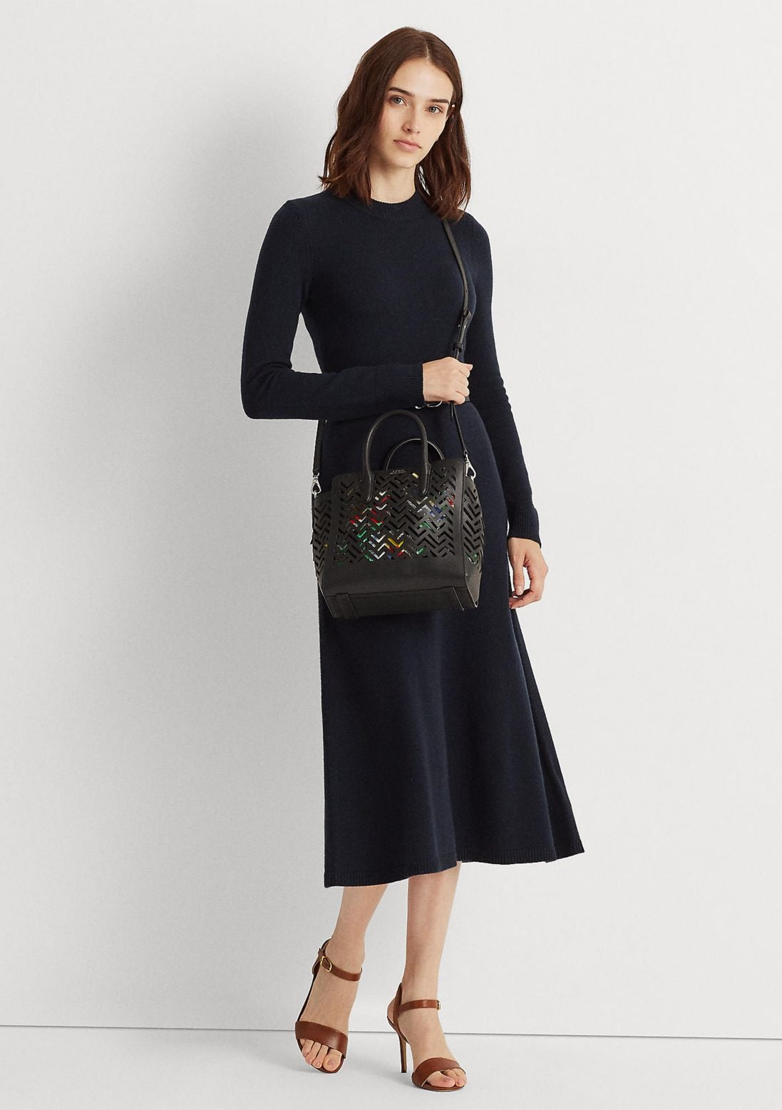 Bolsa tote Ralph Lauren Tyler de couro perfurado feminina, preta